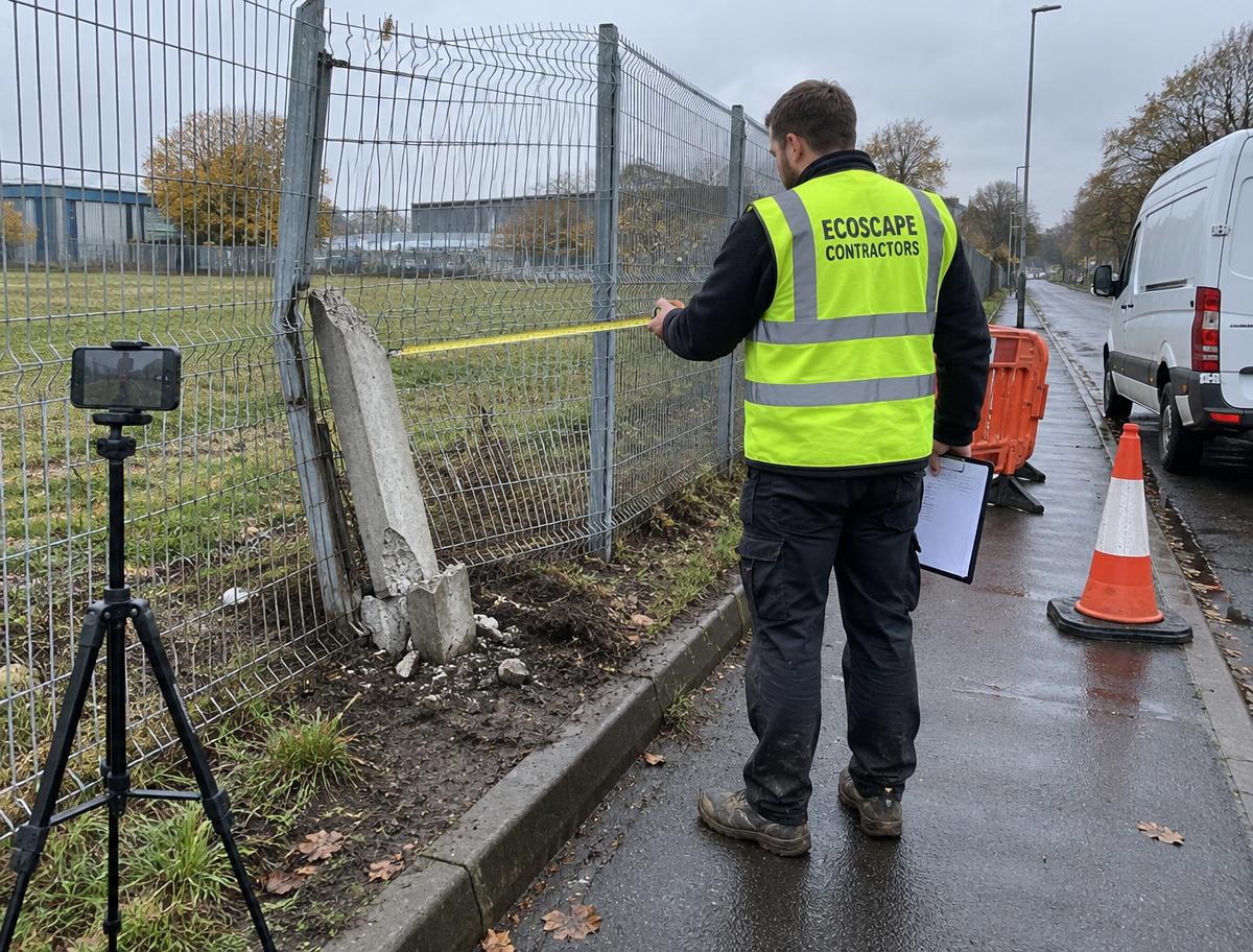 Surveyor measuring damaged boundary fencing after a vehicle impact